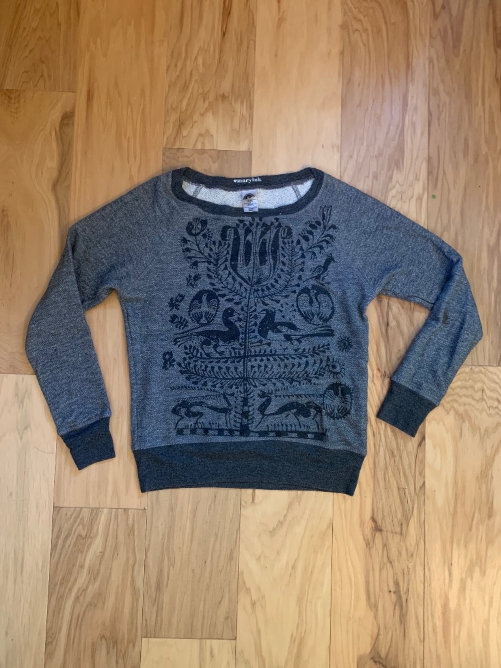 Mary Ink boho raglan sweatshirt with hand printed midieval birds
